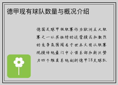 德甲现有球队数量与概况介绍