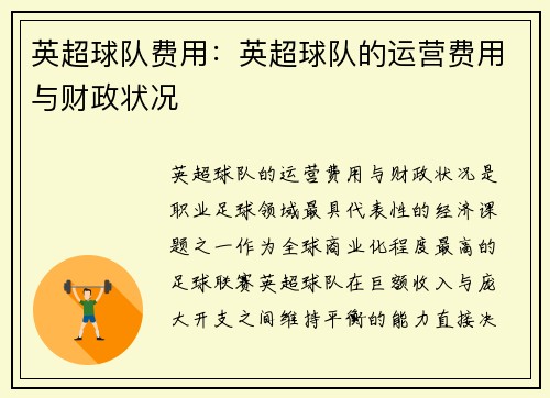 英超球队费用：英超球队的运营费用与财政状况